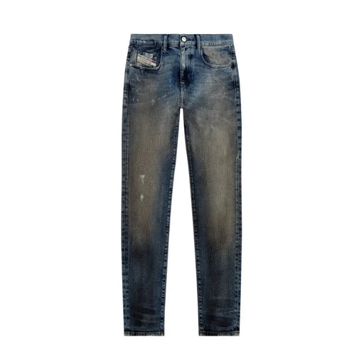Back side of dark-wash diesel men jeans in blue cotton elastane with worn out faded distressed effect and brand patch
