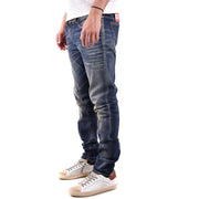 Diesel men jeans in dark-wash cotton elastane with slim fit, subtle fading, visible stitching, and red waistband tag