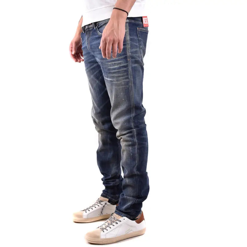 Diesel men jeans in dark-wash cotton elastane with slim fit, subtle fading, visible stitching, and red waistband tag