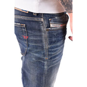 Diesel men jeans blue worn out effect cotton elastane dark-wash denim with faded distressed look and visible stitching details