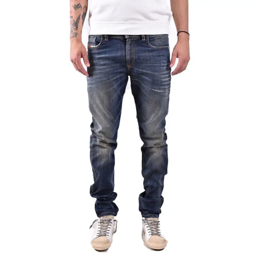 Diesel men jeans blue worn out effect dark-wash cotton elastane slim fit with subtle fading and classic stitching