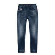 Diesel men jeans in dark blue cotton lyocell with a worn out effect featuring distressed and subtle fading details
