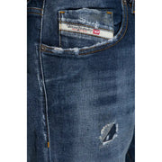 Dark blue distressed denim diesel men jeans with frayed pocket and white label made of cotton lyocell back side view