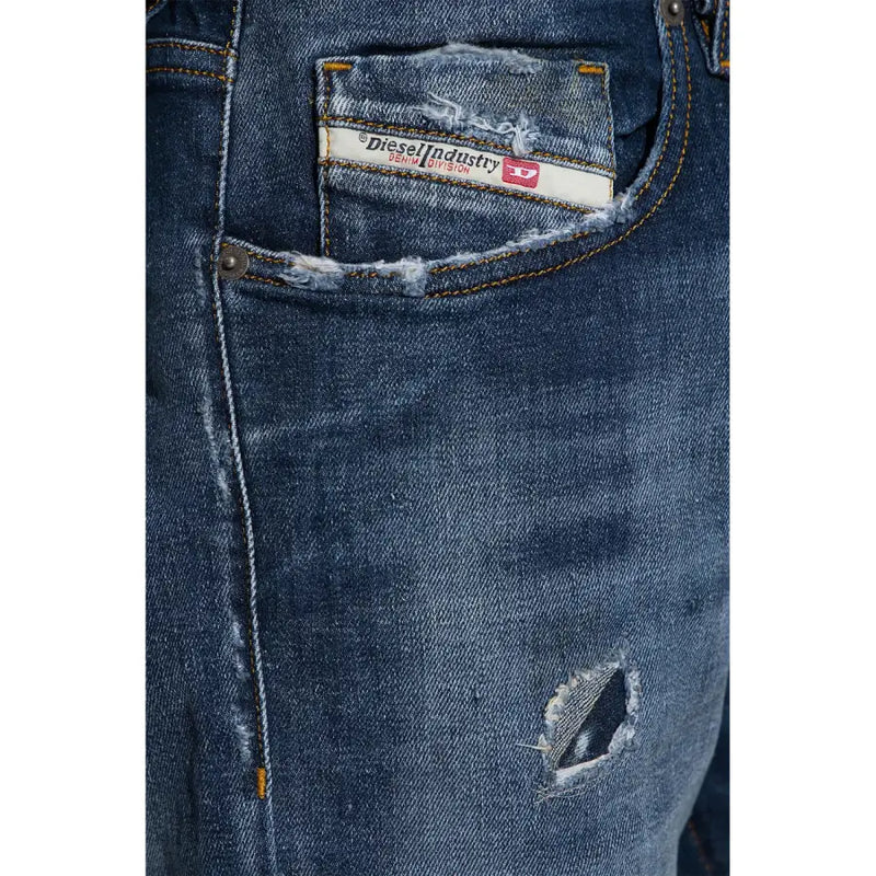 Dark blue distressed denim diesel men jeans with frayed pocket and white label made of cotton lyocell back side view