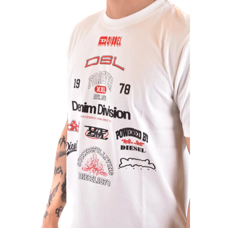 Diesel men white cotton t shirt round neck with bold multi-colored graphic print and red and black logos and text
