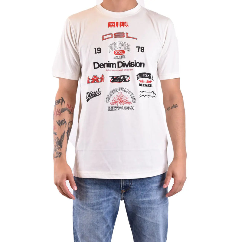 Diesel men white cotton t shirt round neck with red and black vintage style graphic logos and text print
