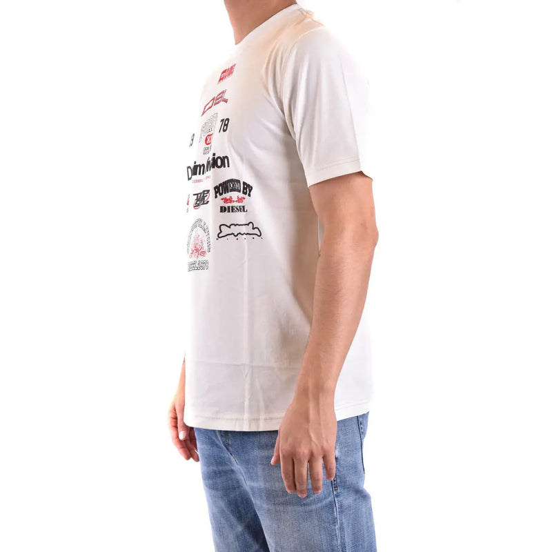 Diesel men white cotton t shirt with round neck and red and black graphic logo collage on the chest