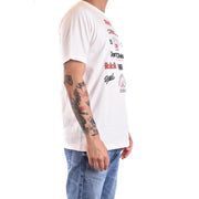 Diesel men white cotton t shirt round neck with short sleeves and a red and black graphic logo collage across the chest