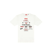 Diesel men white cotton round neck t shirt with red and black graphic logos across the chest