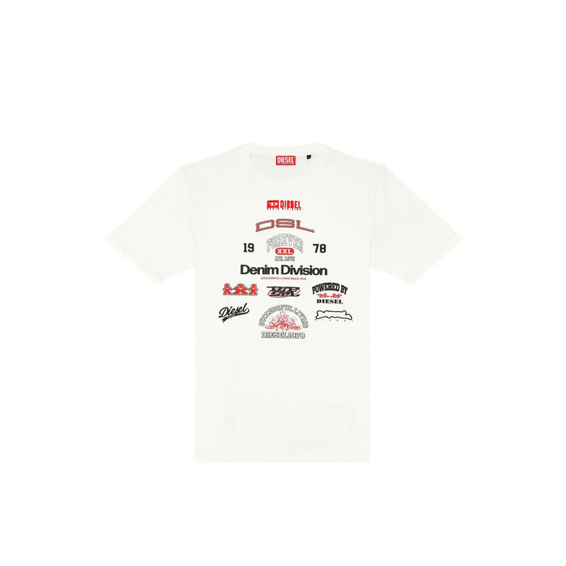 Diesel men white cotton round neck t shirt with red and black graphic logos across the chest