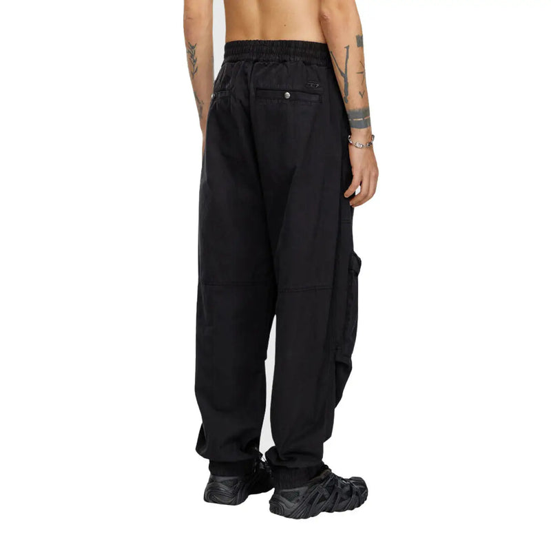 Diesel mens black cargo trousers with elastic waistband and multiple pockets ideal for fall winter wear