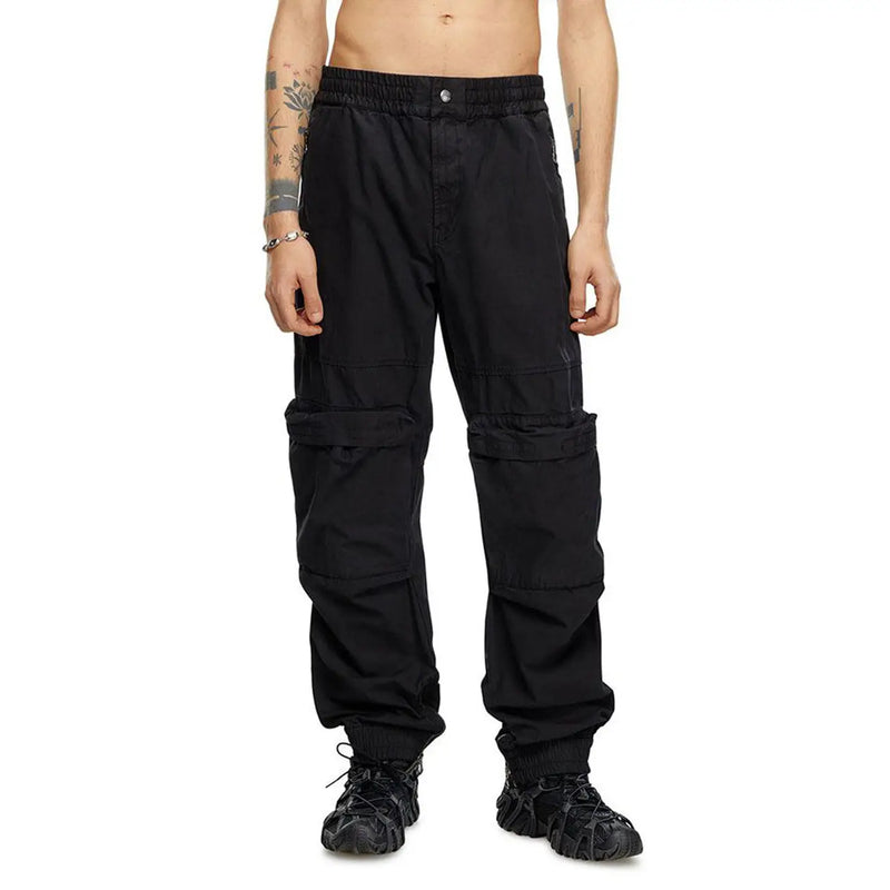 Diesel mens black cargo trousers with multiple pockets and elastic waistband for fall winter pocket style