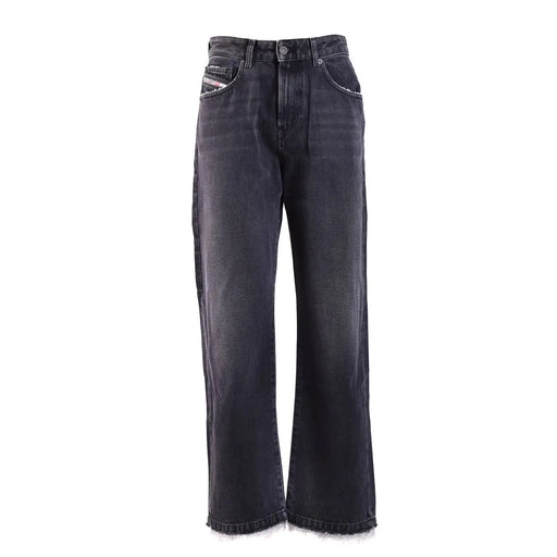 Diesel Schwarze Damen-Stretchjeans aus Baumwolle in dunkler Waschung mit weitem Bein und ausgefransten Säumen mit Diesel-Logo