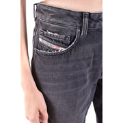 Dunkelgrauer Denim Diesel Schwarze Damen-Stretchjeans aus Baumwolle mit Used-Look-Tasche und weiß-rotem Logo-Etikett