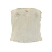 Back view of diesel women light blue cotton light-wash denim corset top with subtle red logo spring summer collection