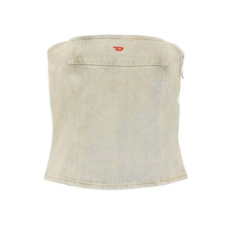 Back view of diesel women light blue cotton light-wash denim corset top with subtle red logo spring summer collection
