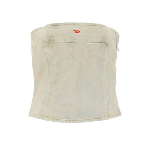 Back view of diesel women light blue cotton light-wash denim corset top with subtle red logo spring summer collection