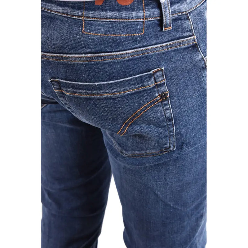 Back side of dondup blue cotton elastane men jeans in dark blue denim with contrasting orange stitching and brand logo