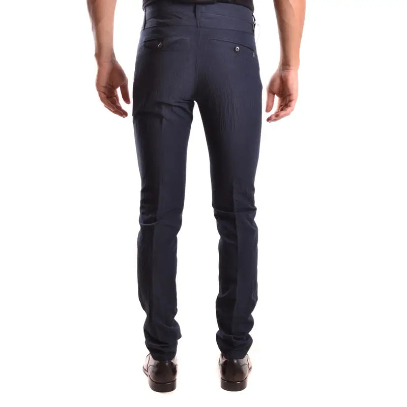 Dondup blue cotton trousers for men spring summer back view dark navy slim-fit with textured weave and silver button pockets