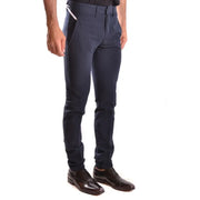 Men’s navy blue slim-fit cotton trousers with white stripe and brown dress shoes