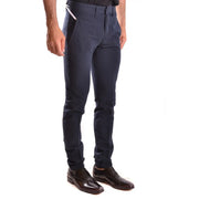 Dondup blue cotton slim-fit trousers for men with dark navy subtle textured weave and white side stripe detail