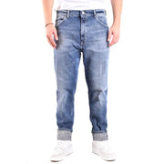 Dondup blue distressed denim jeans for men featuring faded wash fabric and rolled cuffs in denim material