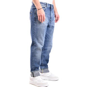 Dondup blue distressed denim jeans for men in medium-wash blue with classic five-pocket design and rolled cuffs