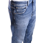 Dondup blue distressed denim jeans for men featuring medium-wash blue denim with five-pocket design and subtle fading