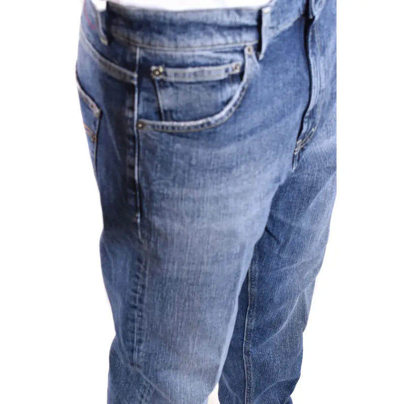 Dondup blue distressed denim jeans for men featuring medium-wash blue denim with five-pocket design and subtle fading