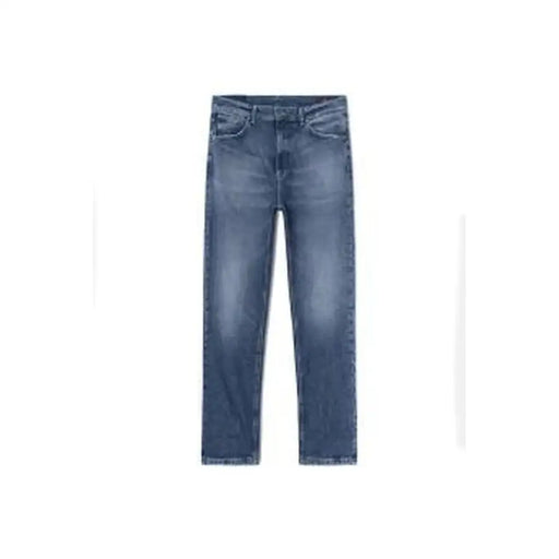 Dondup blue distressed denim jeans for men in a faded wash with a straight-leg cut made of blue denim