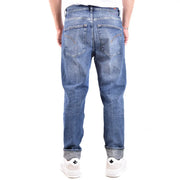 Dondup jeans for men in blue denim with faded wash and rolled cuffs, front view