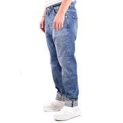 Dondup jeans for women in medium-wash blue denim with classic five-pocket design and rolled cuffs, front view