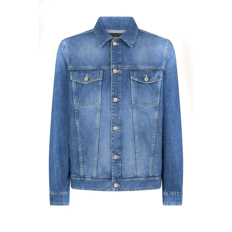 Dondup men blazer blue long medium-wash denim jacket with collar front button closure two chest pockets 100% cotton spring summer