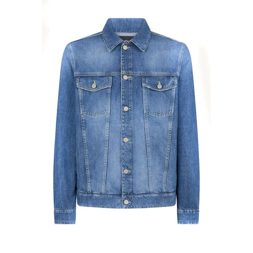 Dondup men blazer blue long medium-wash denim jacket with collar front button closure two chest pockets 100% cotton spring summer