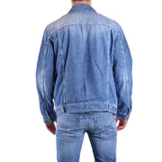 Dondup Blazer homme en jean bleu avec surpiqûres classiques et poignets boutonnés, 100 % coton, idéal pour le printemps et l'été.