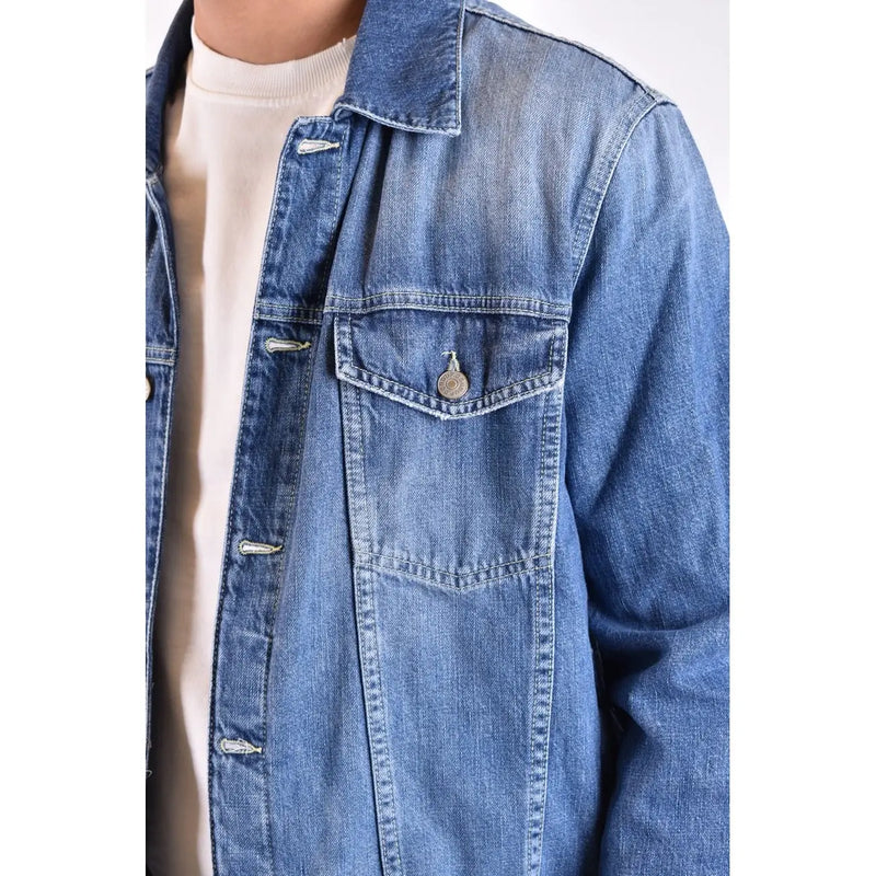 Medium-wash blue denim jacket with classic collar and buttoned chest pocket from dondup men blazer 100% cotton spring summer