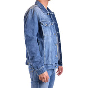 Light-wash blue denim jacket and jeans set for men displayed with Dondup Men Blue Cotton Blazer