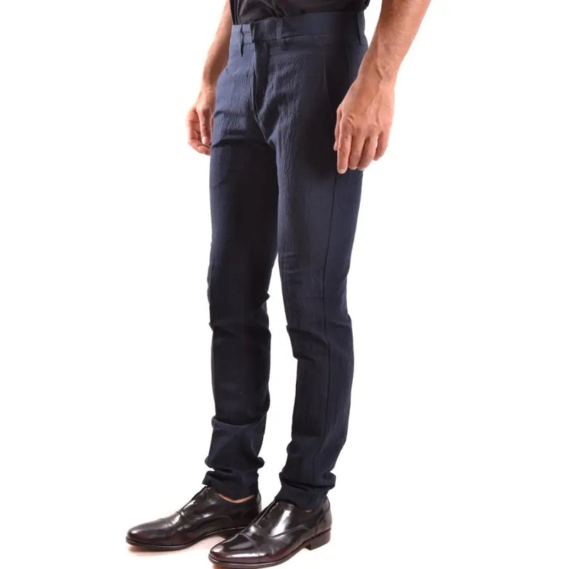 Men’s navy blue slim-fit cotton linen trousers with plain texture for spring summer style