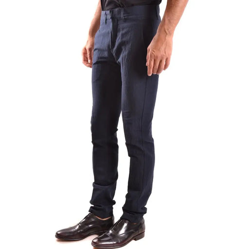 Men’s navy blue slim-fit cotton linen trousers with plain texture for spring summer style