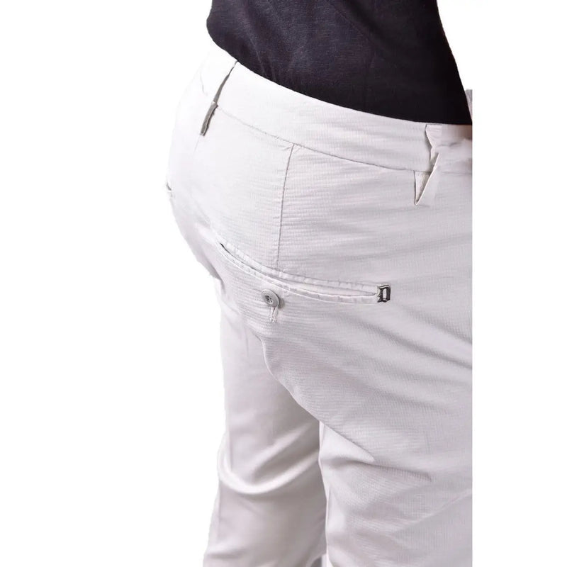 Back side of white chino pants with subtle textured weave and small black logo on the pocket by dondap men gray cotton trousers
