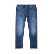 Dondup Herrenjeans aus blauem Baumwoll-Stretch-Denim mit verwaschenem Look und hochgekrempelten Säumen, hergestellt in Italien.