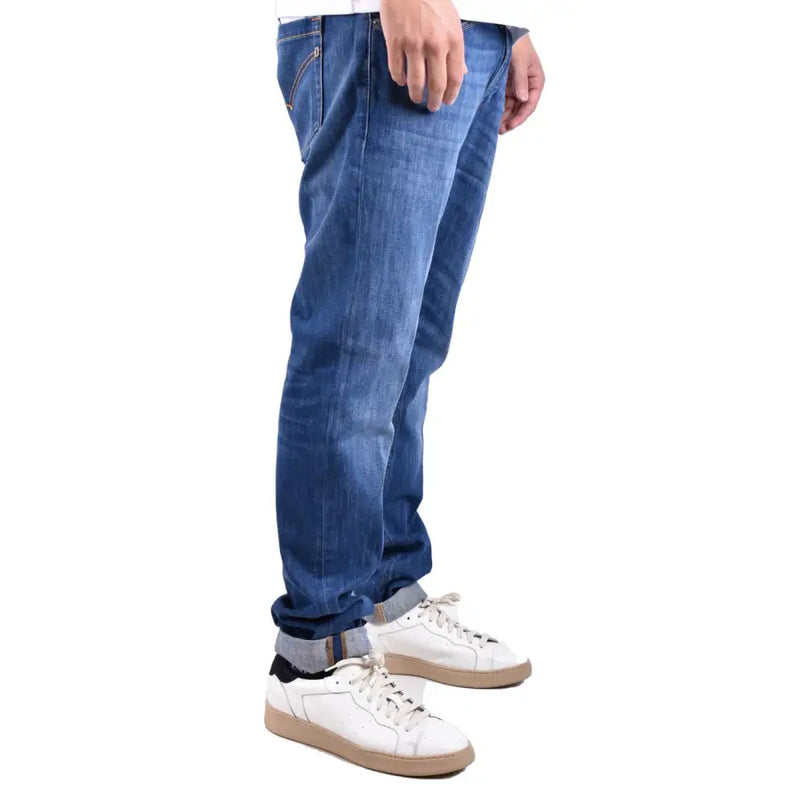 Dondup Herrenjeans aus blauem Denim mit klassischem geradem Bein und umgeschlagenen Säumen, aus Baumwollstretch, hergestellt in Italien.