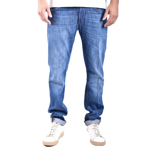 Blue denim Dondup men jeans with classic straight-leg cut rolled cuffs made of cotton stretch fabric made in Italy