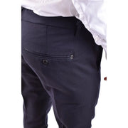 Dondup men wool blend blue trousers back side showing dark navy textured fabric with subtle woven pattern and metallic logo