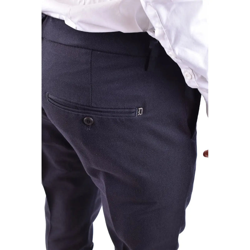 Dondup men wool blend blue trousers back side showing dark navy textured fabric with subtle woven pattern and metallic logo