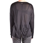 Dondup women black viscose knitwear featuring a sheer long-sleeved top with central seam and ruched waist detail