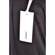 White rectangular brand tag with dondup printed in black attached to black viscose women boat neck knitwear by white string