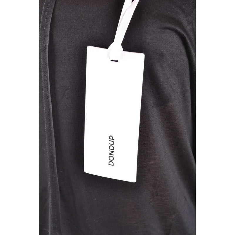 White rectangular brand tag with dondup printed in black attached to black viscose women boat neck knitwear by white string