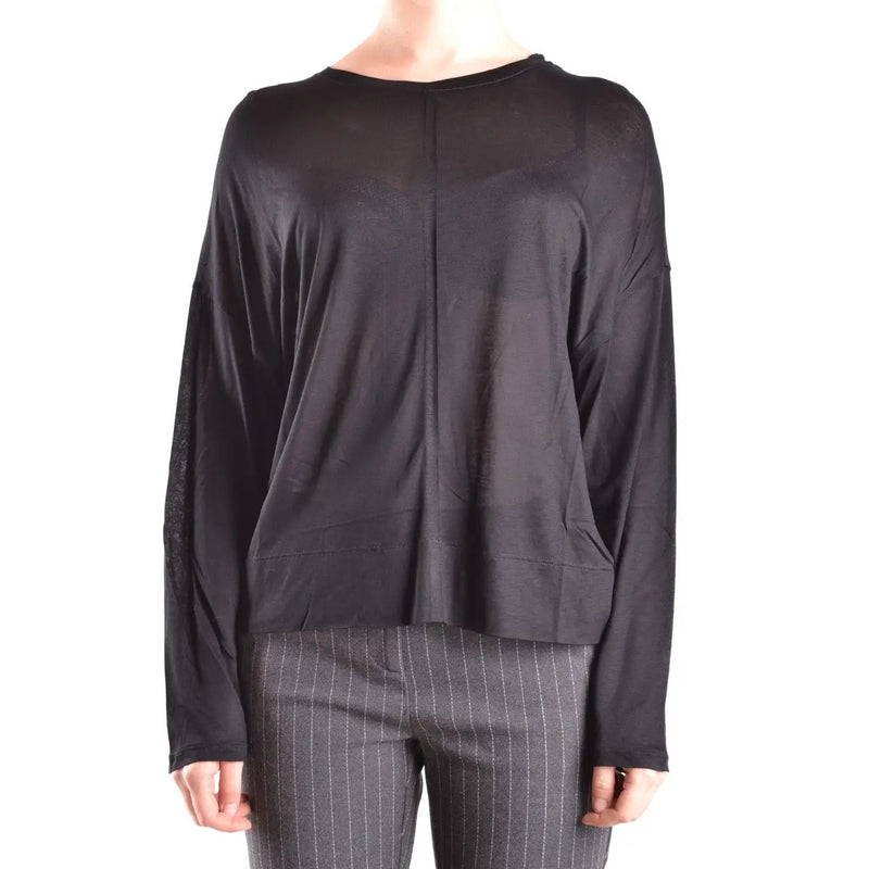 Dondup women black viscose boat neck knitwear with sheer mesh panels and relaxed fit long-sleeved top