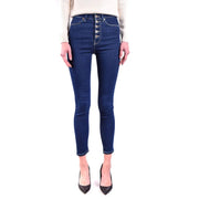Dondup Damen-Jeans aus blauem Baumwoll-Denim, hochgeschnitten, schmal geschnitten, mit Knopfleiste und sichtbaren Nähten